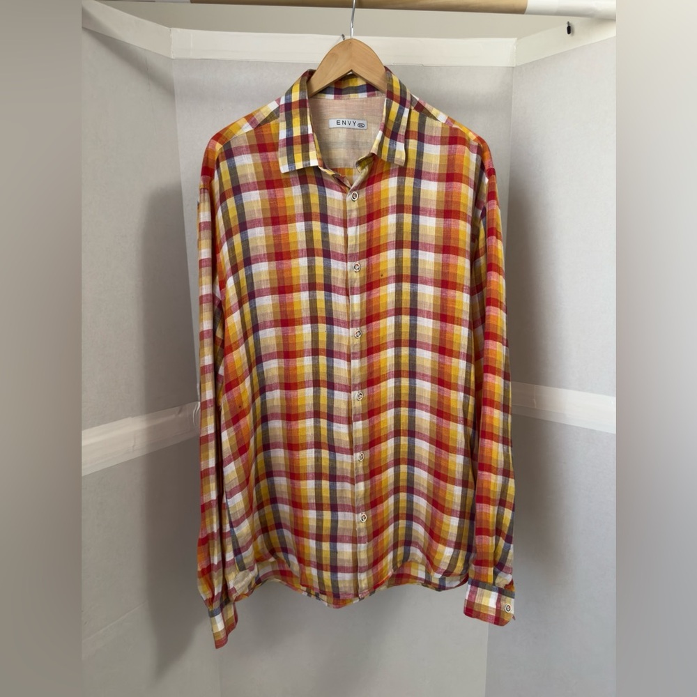 Envy Men’s 2XL Red and Yellow Plaid Button Down Shirt. (Small stains)